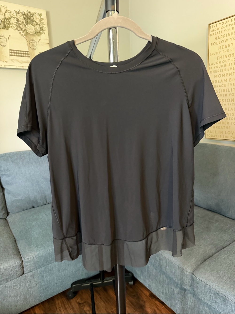 lululemon athletica Black Short Sleeve Top with Sheer Layered Hem Detail